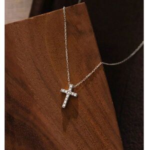 Dainty Silver Cross Pendant Necklace Rhinestone Detail Religous Adjustable Holy